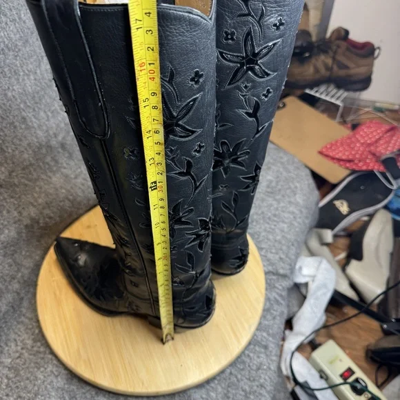 Liberty Boot Co Black Leather Cowboy Boots Sz 7B Tall Floral Cutout Western - Picture 6 of 15